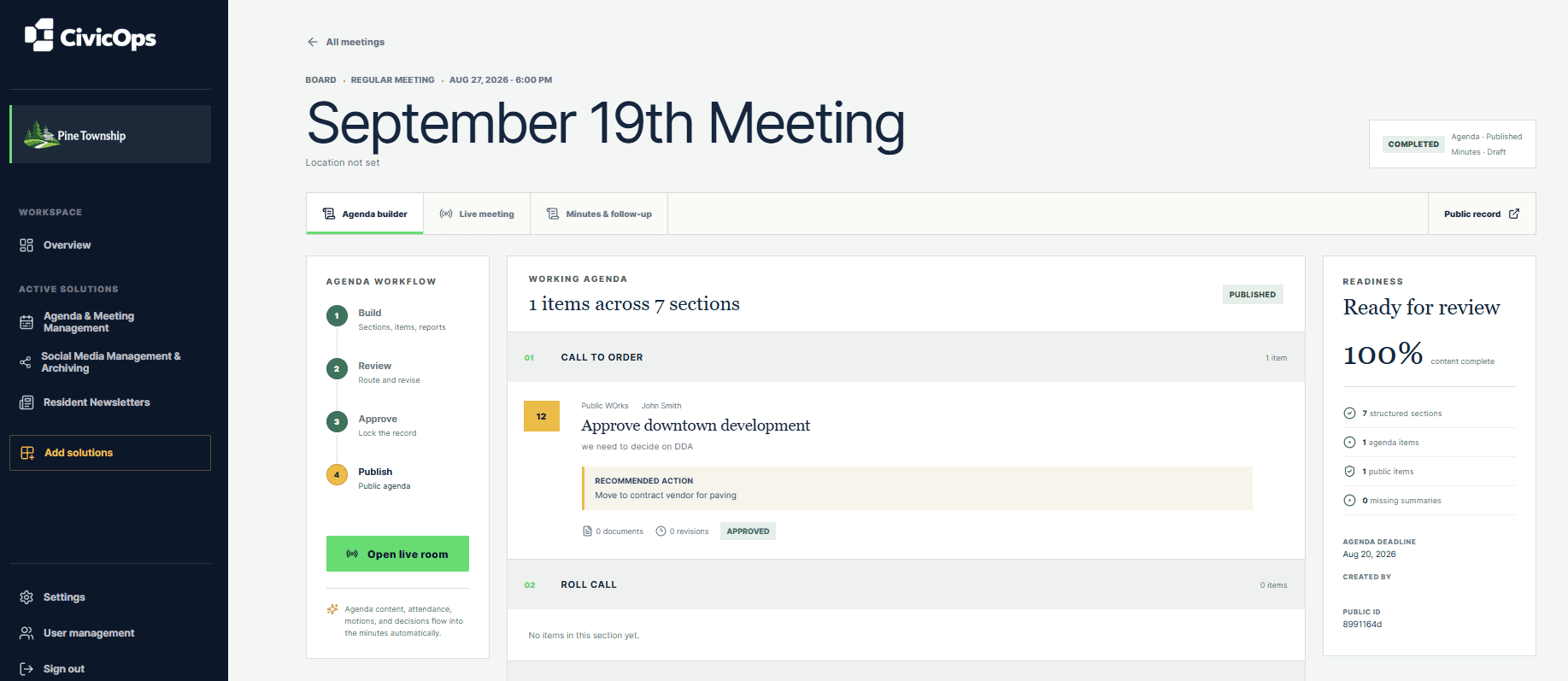 CivicOps municipal meeting workspace with agenda workflow and public record status