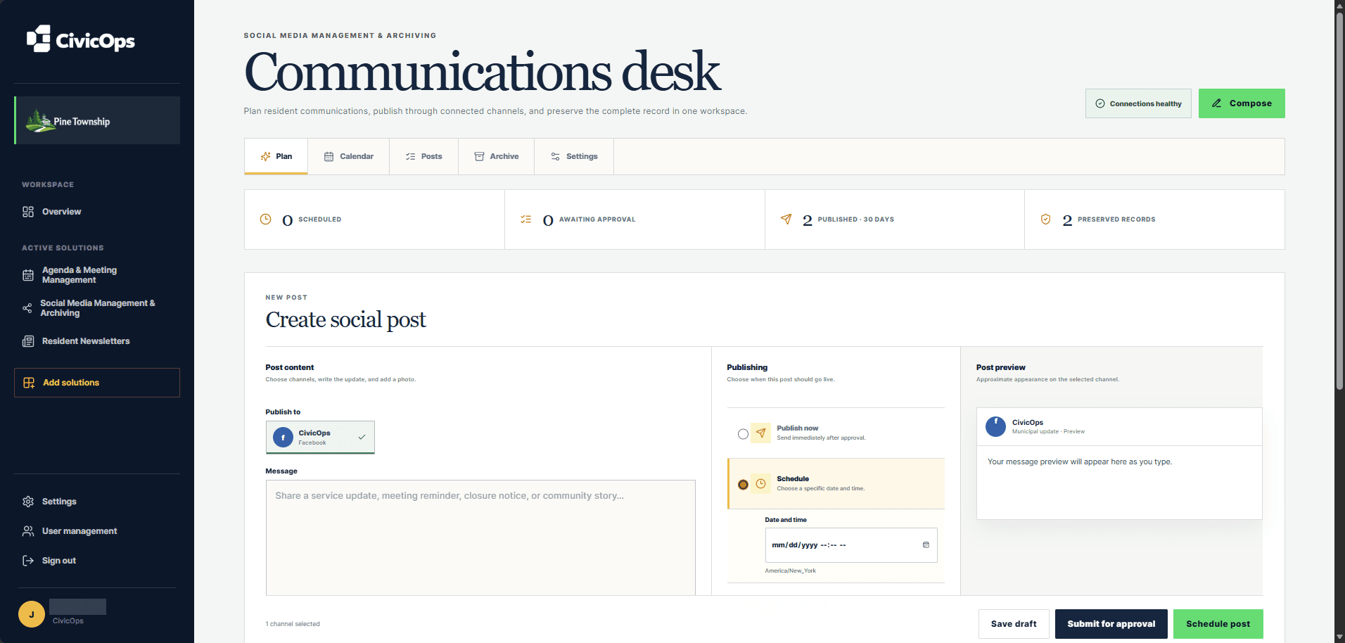 CivicOps communications desk with social composer, publishing plan, and preview